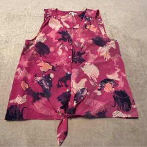 Nine West Abstract Floral Sleeveless Hem Tie Front Button Up Top Blouse Large